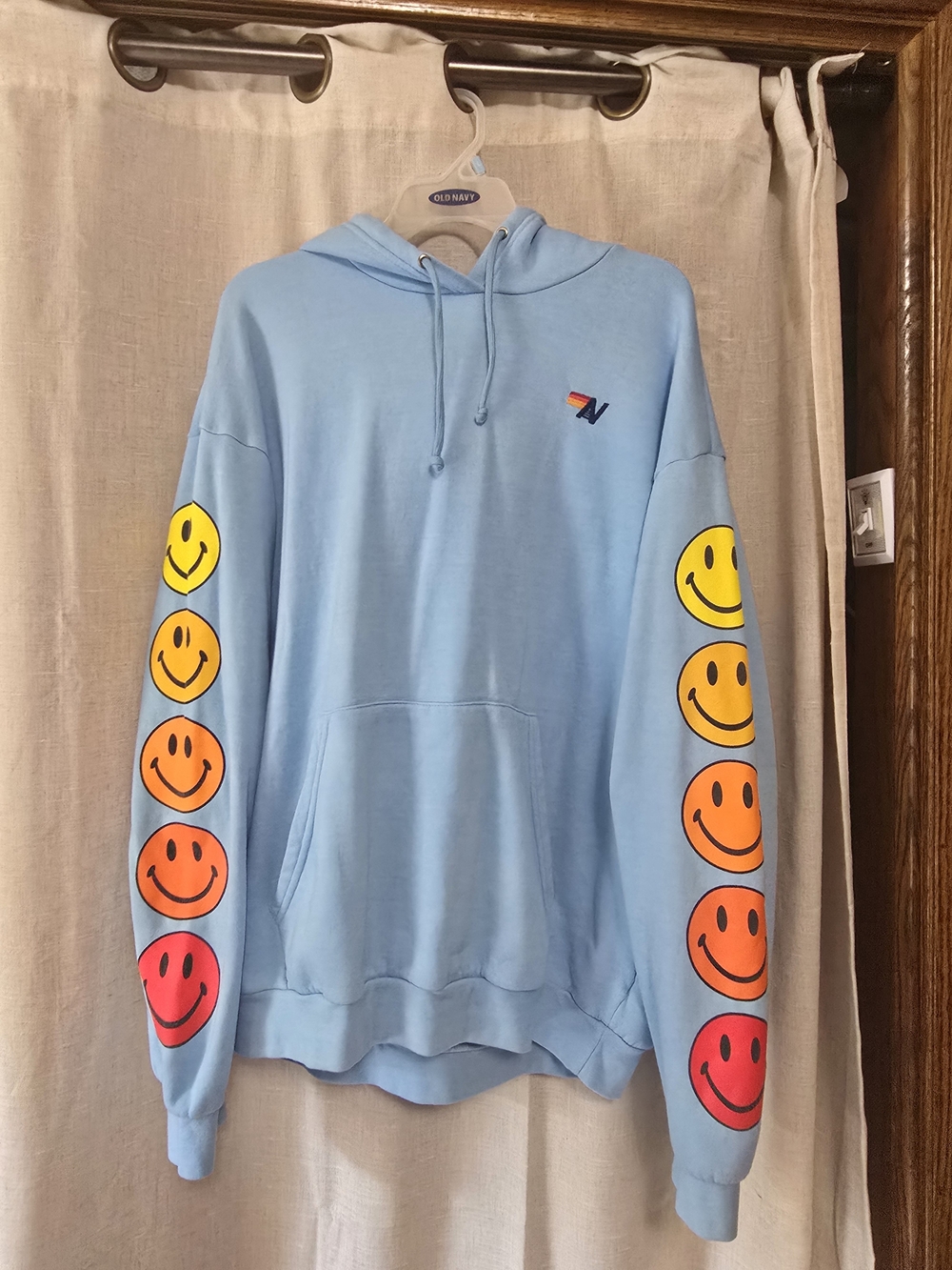 Aviator Nation Smiley Sunset On Sleeves Relaxed Fit Hoodie Light Blue Size Large